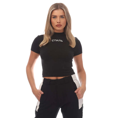Black-White - Front - Heron Preston Womens-Ladies Flaming Skull Crop T-Shirt