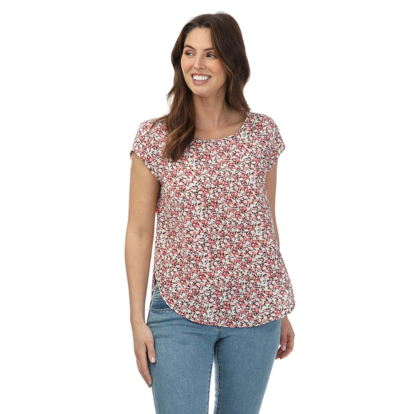 Black-White-Pink - Front - Only Womens-Ladies Vic Ditsy Floral Short-Sleeved Top