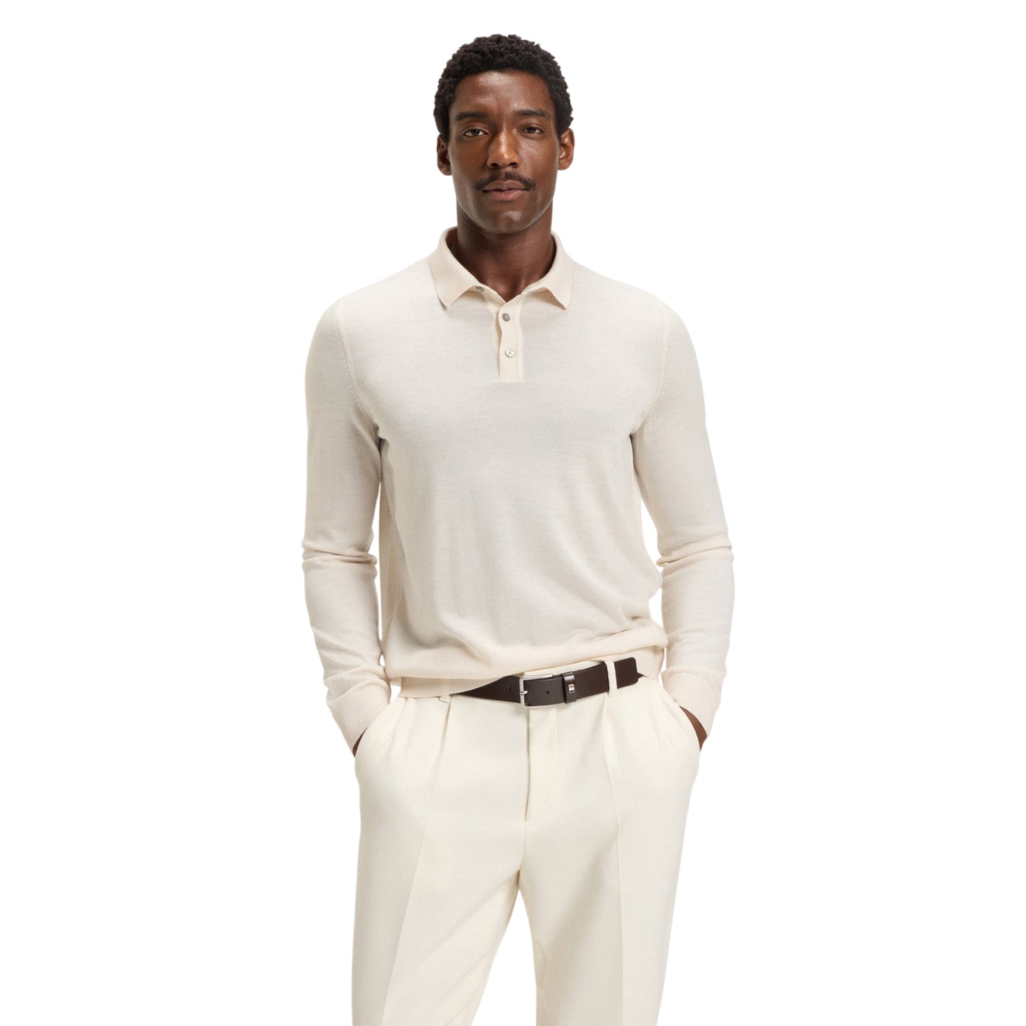 White - Side - Boss Mens Lanciomne Long-Sleeved Polo Shirt