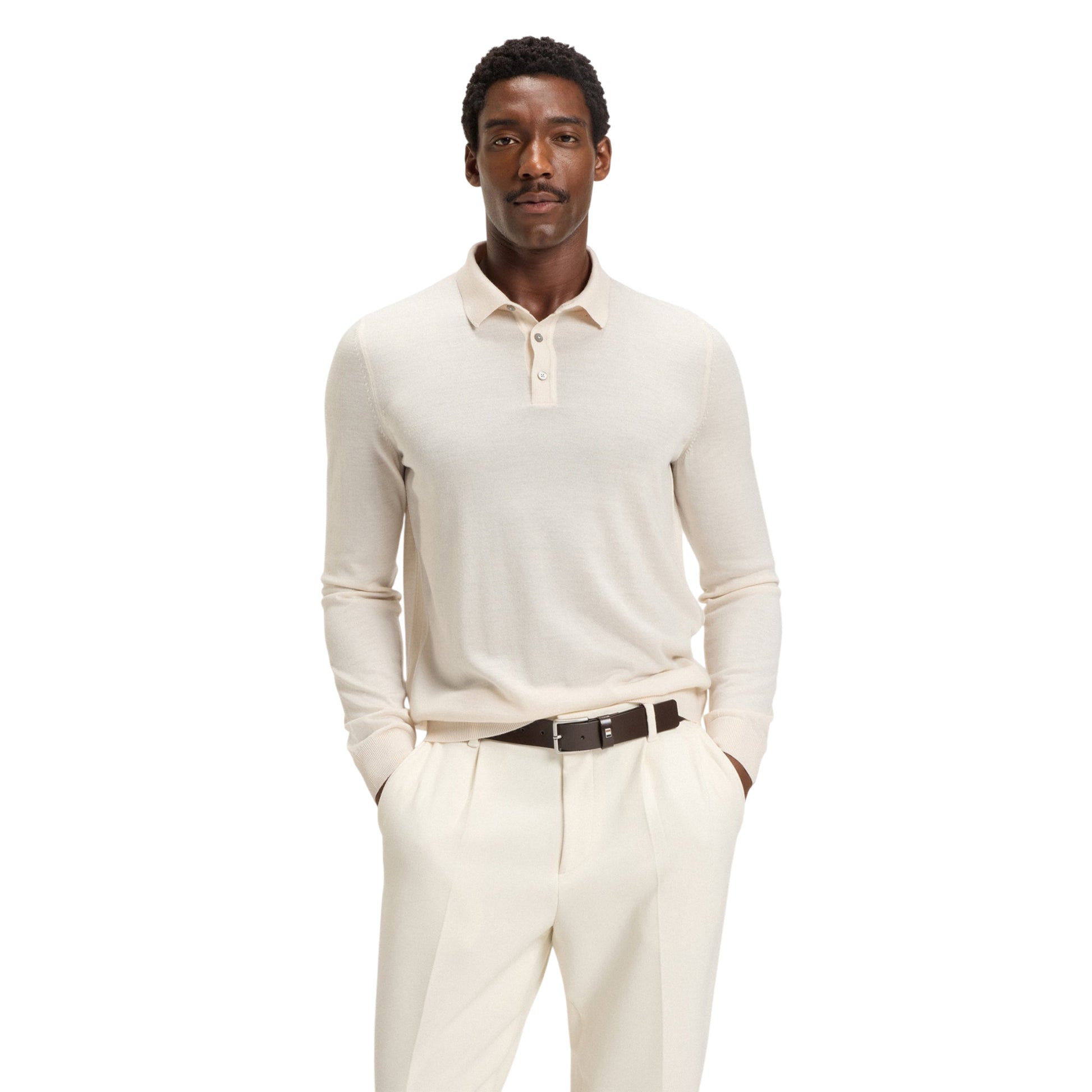 White - Side - Boss Mens Lanciomne Long-Sleeved Polo Shirt