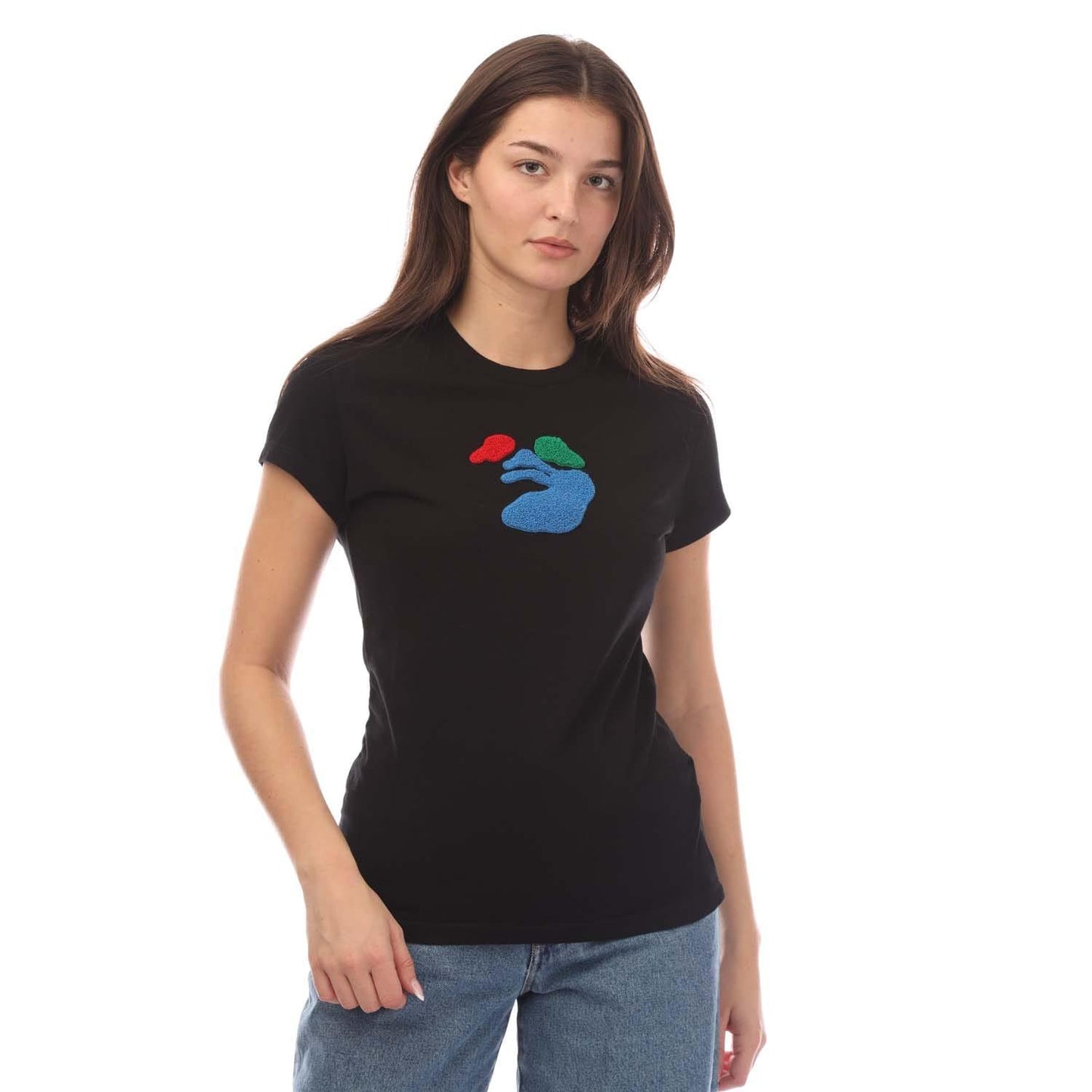 Black - Side - Off White Womens-Ladies Medium Face Fitted T-Shirt