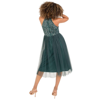 Emerald - Back - Maya Deluxe Womens-Ladies Sequin Midi Dress