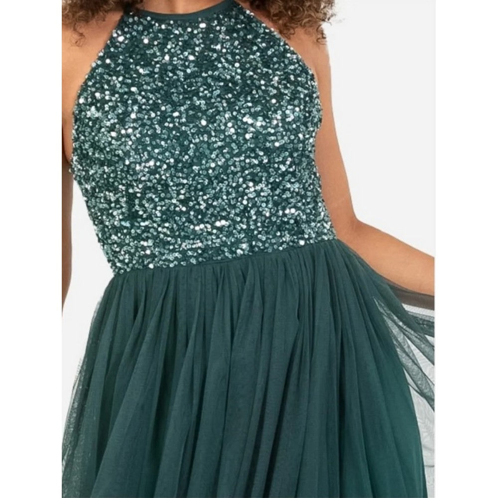 Emerald - Back - Maya Deluxe Womens-Ladies Sequin Midi Dress