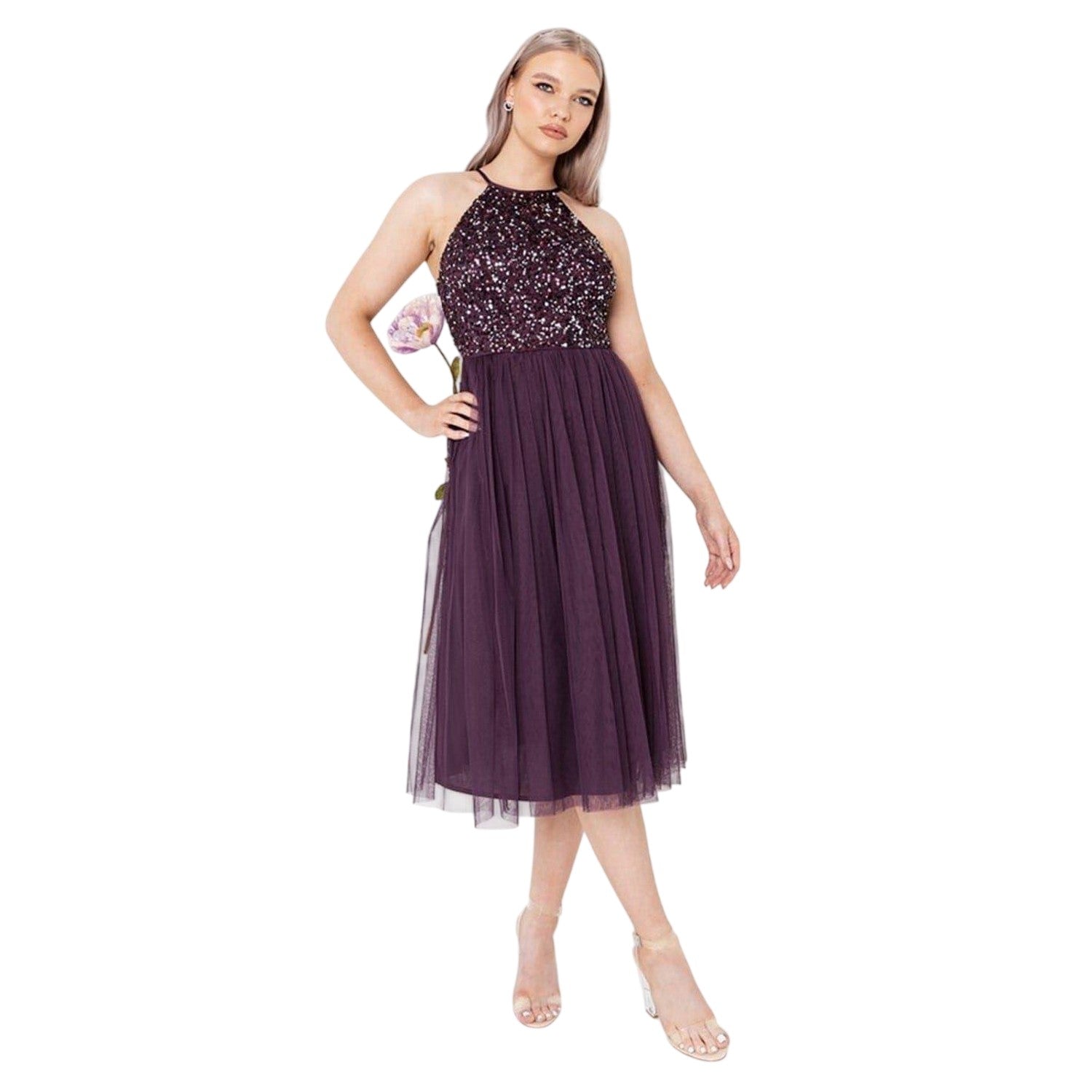 Berry - Front - Maya Deluxe Womens-Ladies Sequin Midi Dress