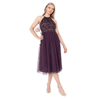 Berry - Front - Maya Deluxe Womens-Ladies Sequin Midi Dress