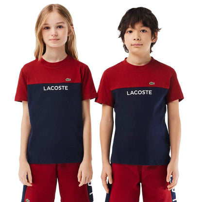 Bordeaux-Navy - Side - Lacoste Childrens-Kids Colour Block Organic Cotton Jersey T-Shirt