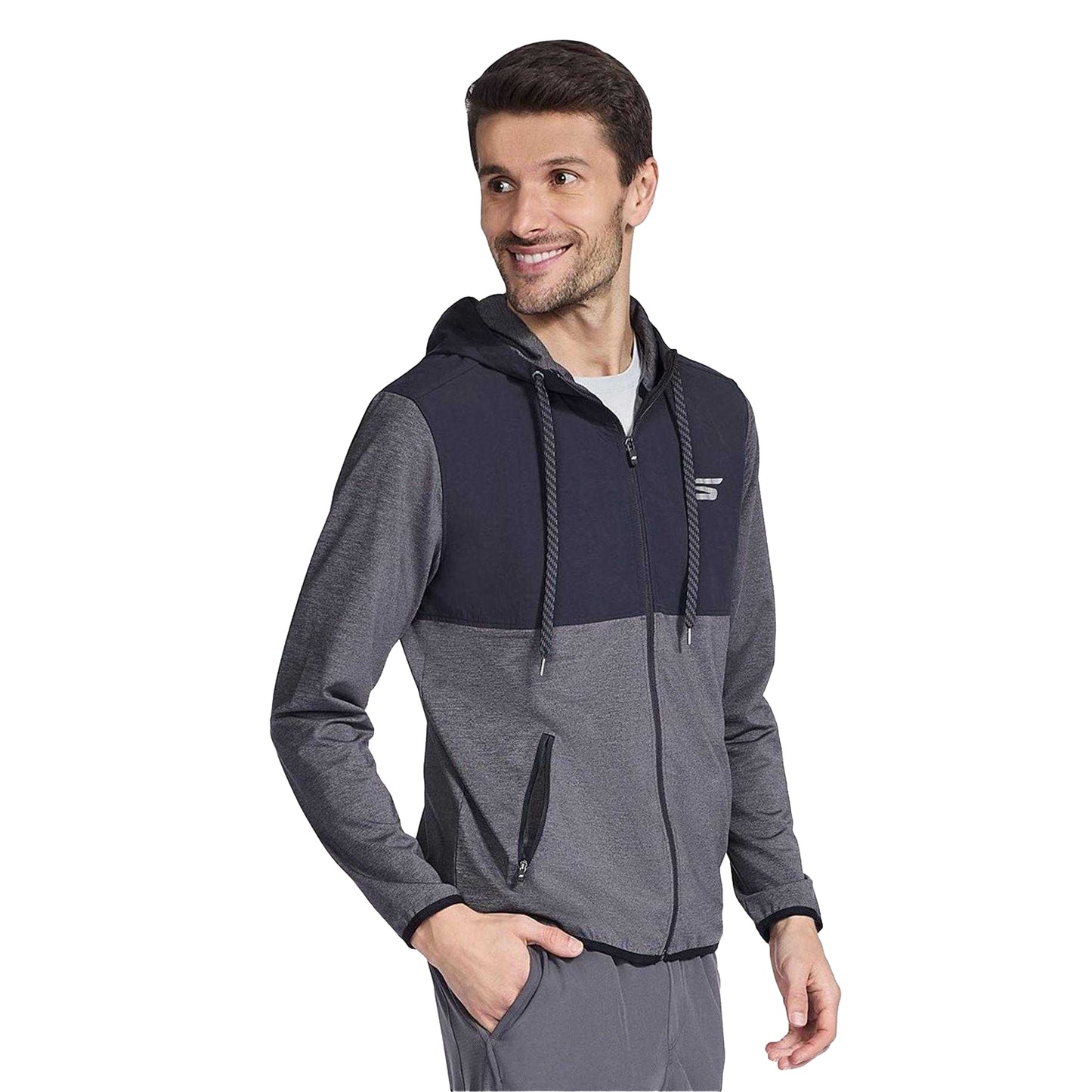Black-Charcoal - Side - Skechers Mens Relaxed Fit Full Zip Hoodie