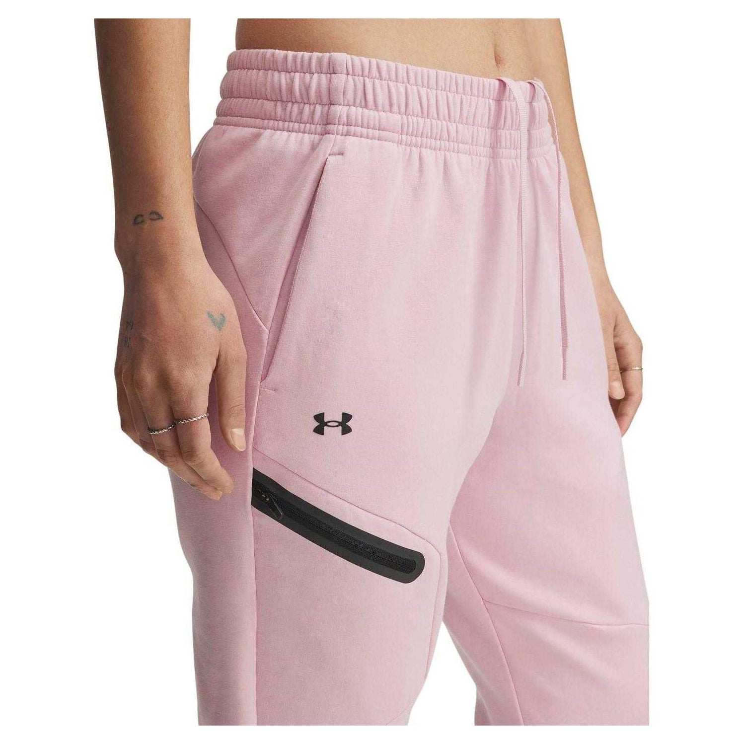 Pink - Side - Under Armour Womens-Ladies Performance Fleece Athletic Joggers