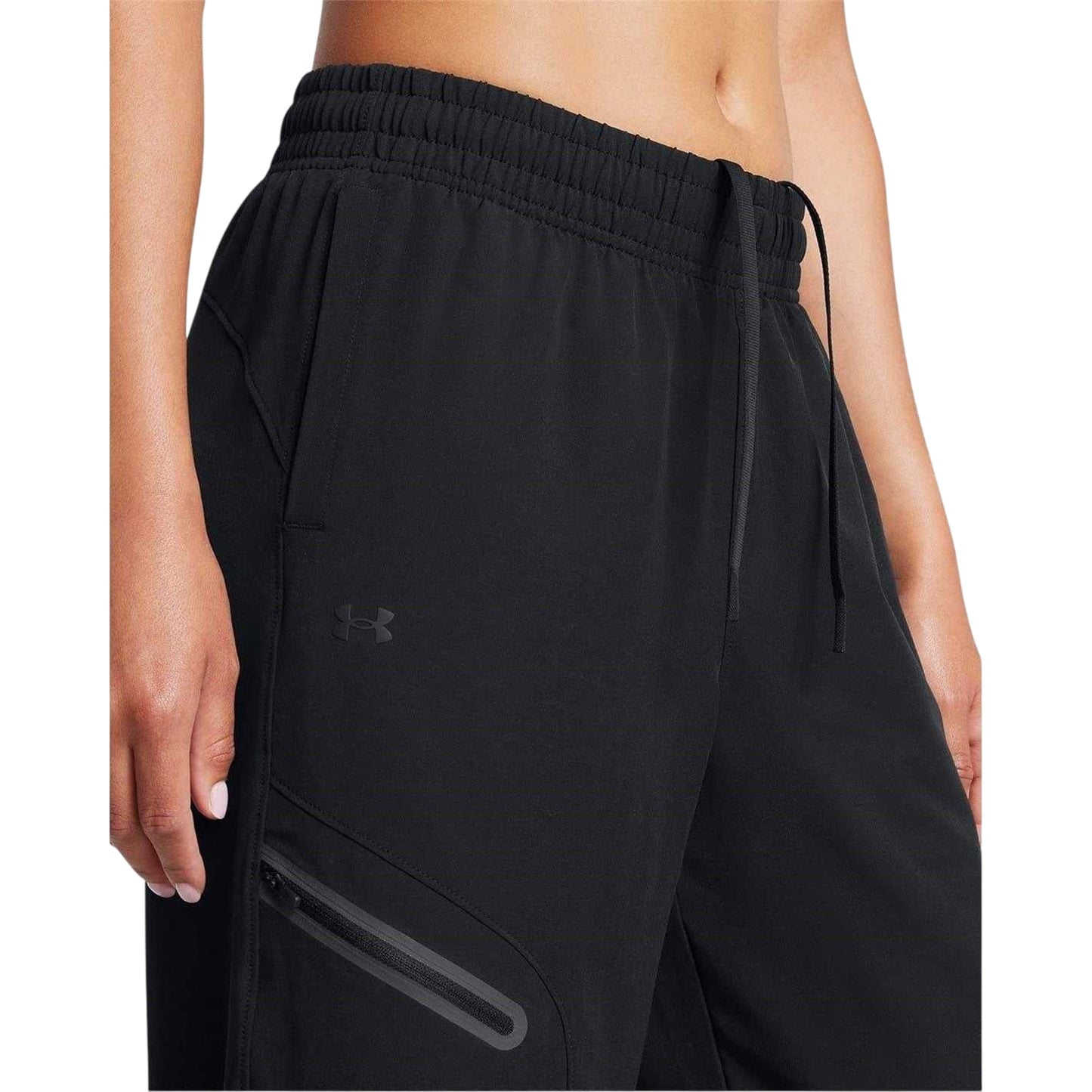 Black - Side - Under Armour Womens-Ladies Unstoppable Woven Zip Pocket Relaxed Fit Joggers