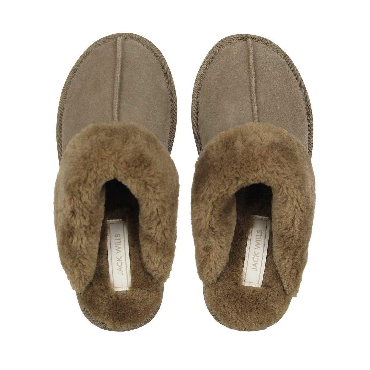 Dark Khaki - Pack Shot - Jack Wills Womens-Ladies Suede Faux Fur Lined Mule Slippers