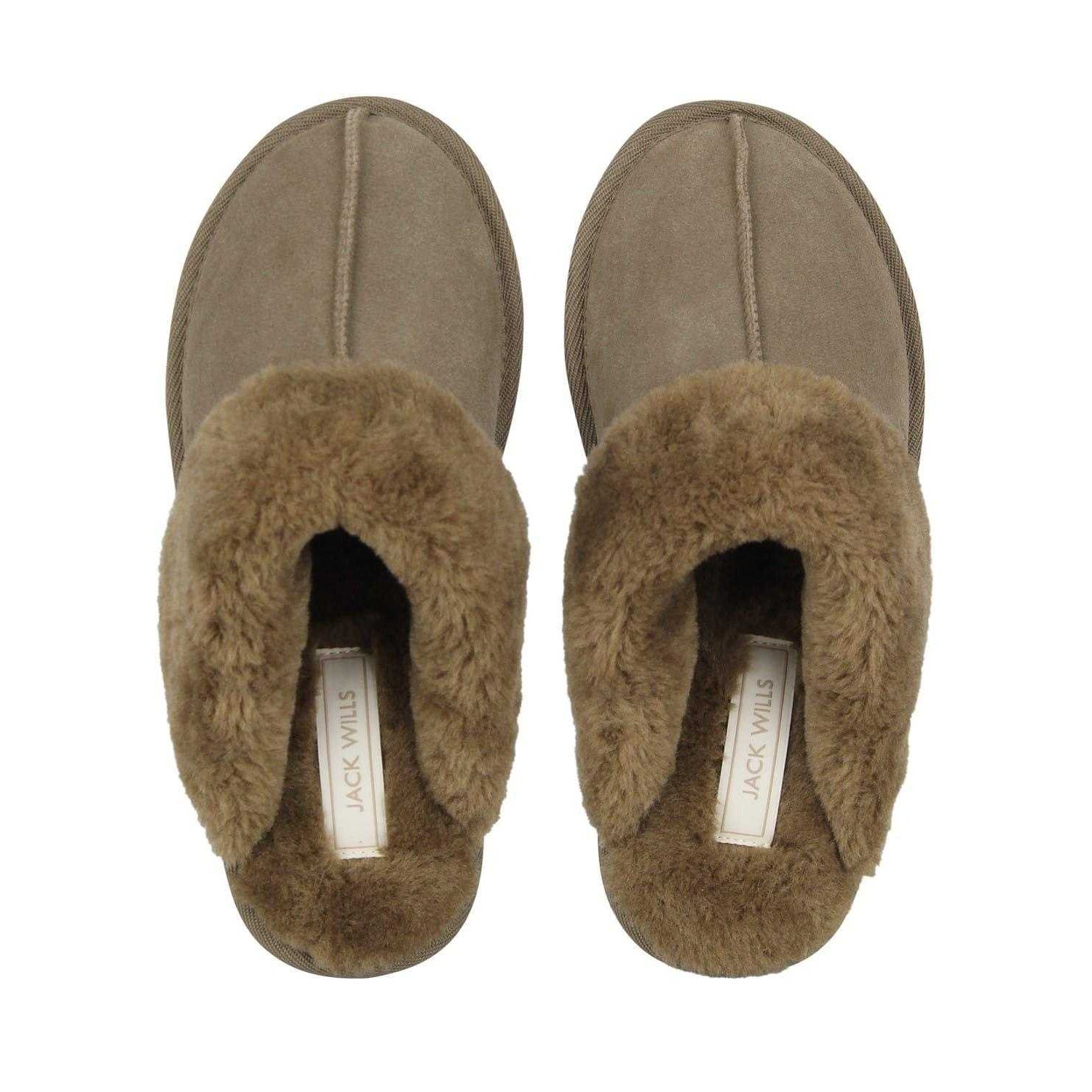 Dark Khaki - Pack Shot - Jack Wills Womens-Ladies Suede Faux Fur Lined Mule Slippers
