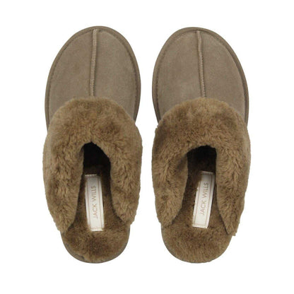 Dark Khaki - Pack Shot - Jack Wills Womens-Ladies Suede Faux Fur Lined Mule Slippers