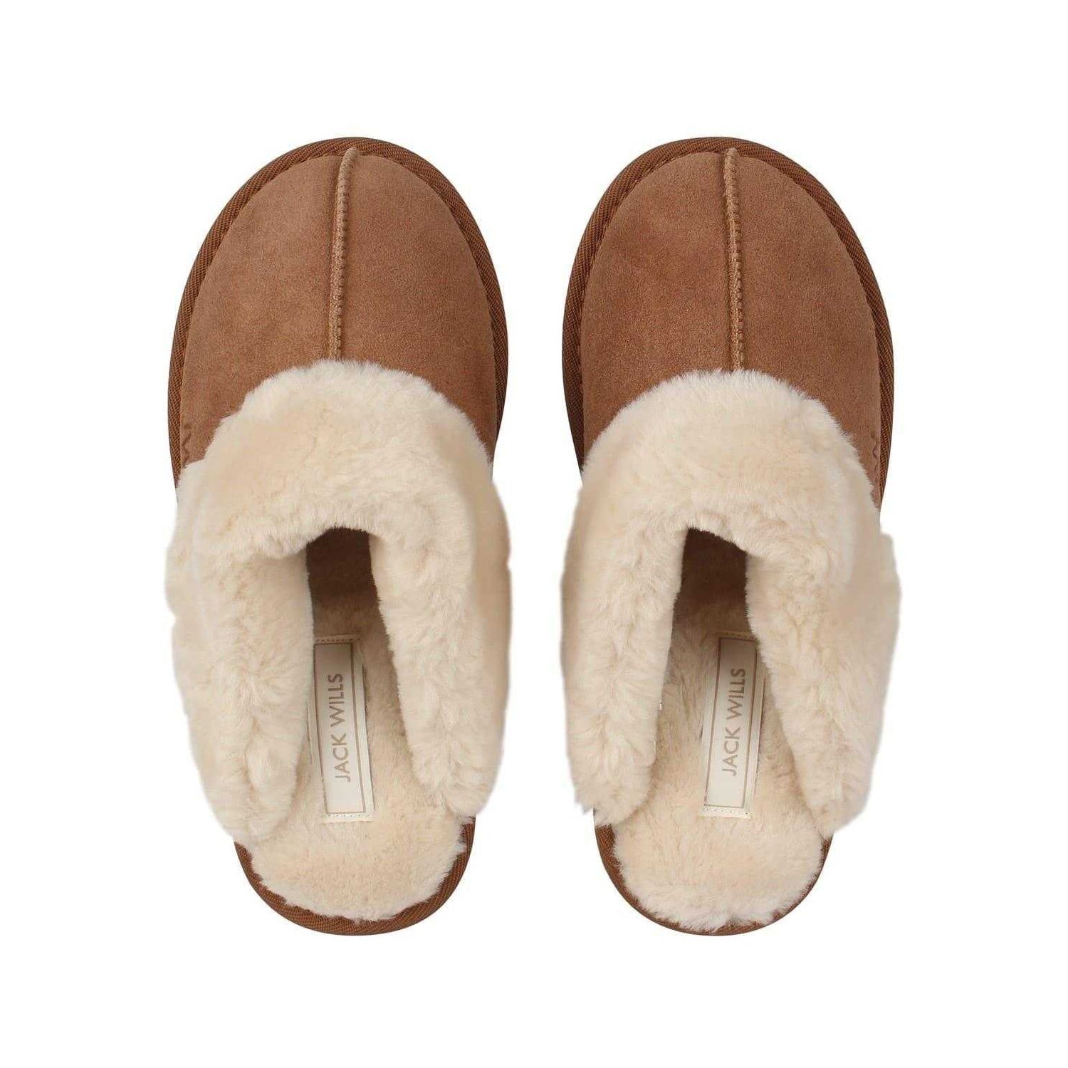 Tan - Pack Shot - Jack Wills Womens-Ladies Suede Faux Fur Lined Mule Slippers
