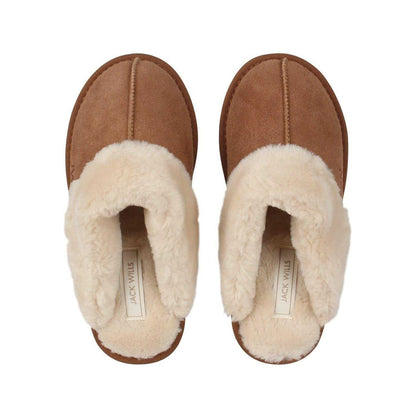 Tan - Pack Shot - Jack Wills Womens-Ladies Suede Faux Fur Lined Mule Slippers