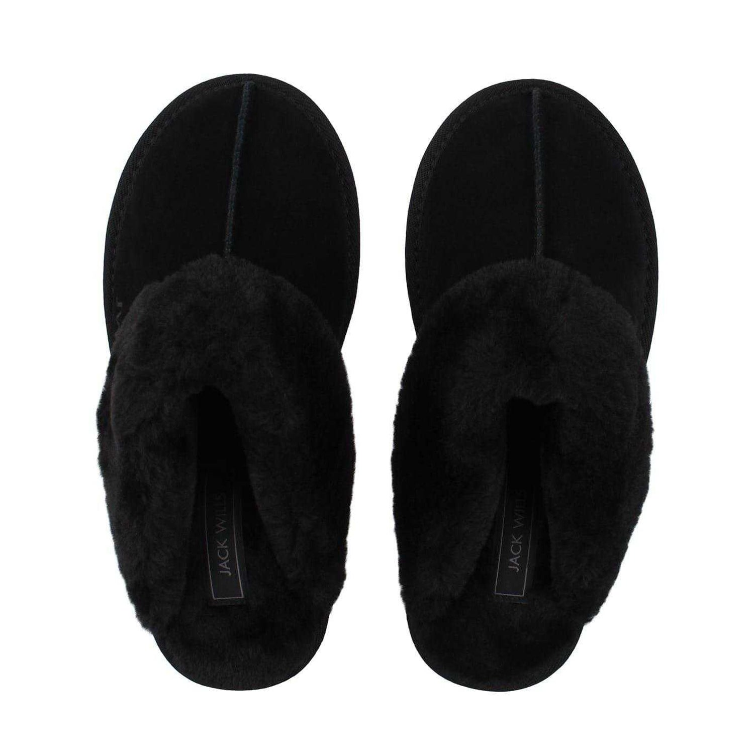 Black - Pack Shot - Jack Wills Womens-Ladies Suede Faux Fur Lined Mule Slippers