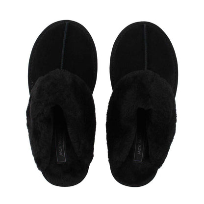 Black - Pack Shot - Jack Wills Womens-Ladies Suede Faux Fur Lined Mule Slippers