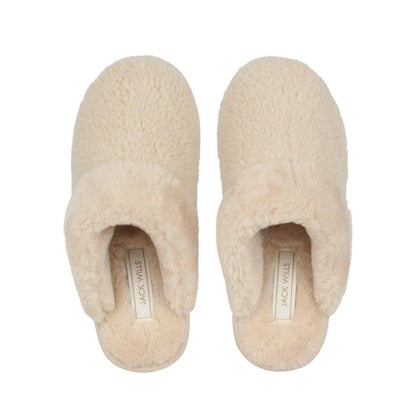 Cream - Pack Shot - Jack Wills Womens-Ladies Suede Faux Fur Lined Mule Slippers