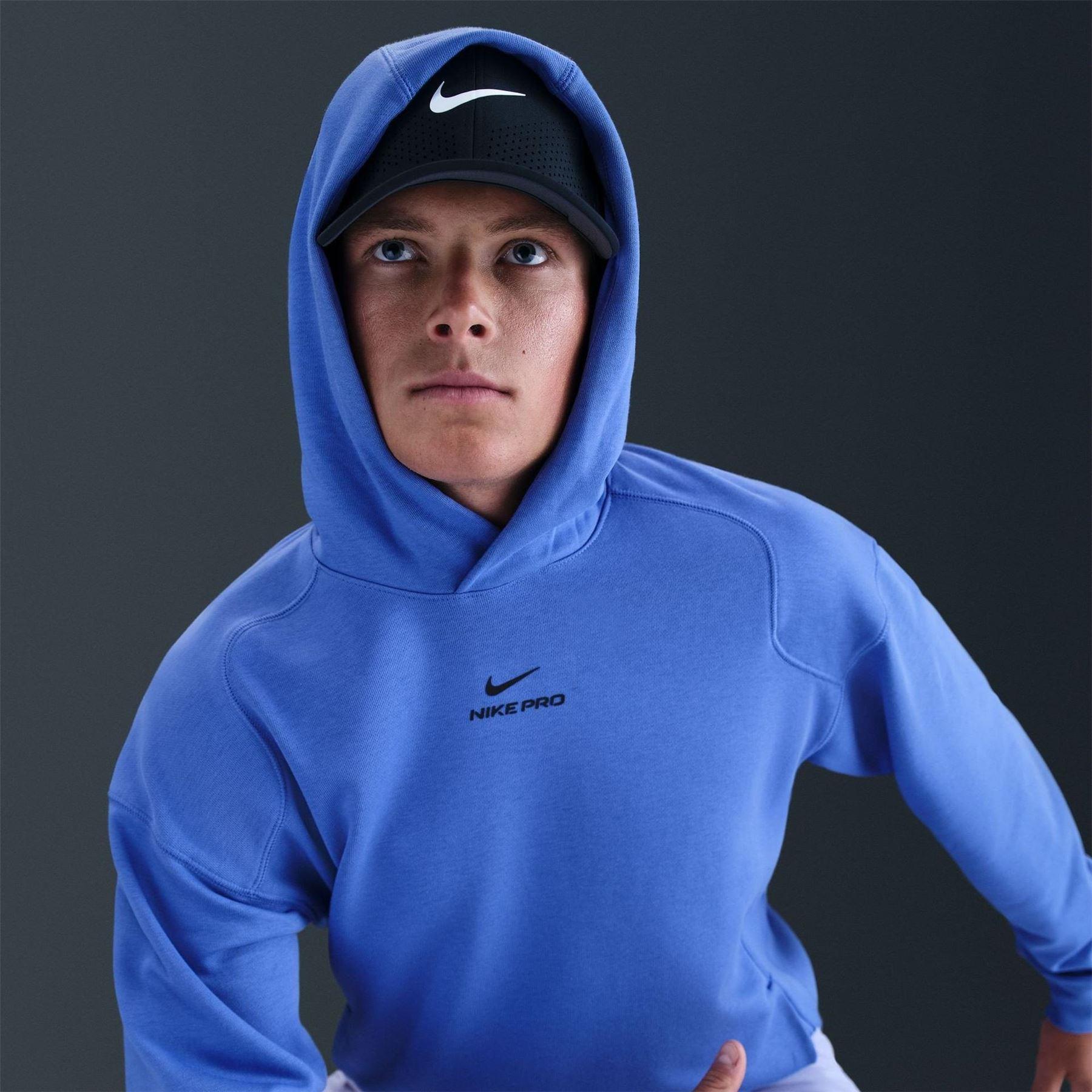 Blue - Side - Nike Mens Pro Regular Training Pullover Hoodie