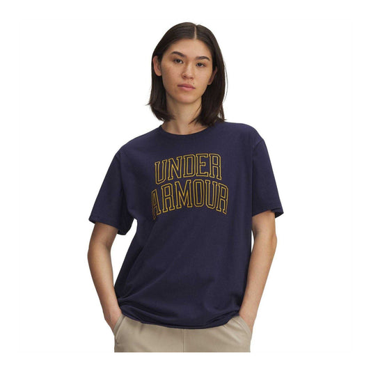 Navy-Gold - Front - Under Armour Womens-Ladies Varsity Oversized T-Shirt