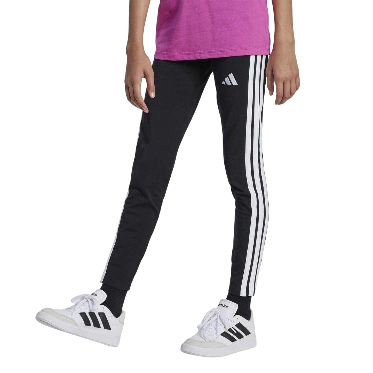 Black-White - Side - Adidas Girls Essentials 3 Stripes Leggings
