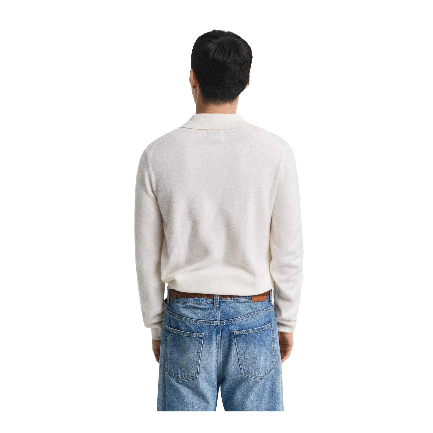 Cream - Back - Gant Mens Lambswool Long-Sleeved Polo Shirt