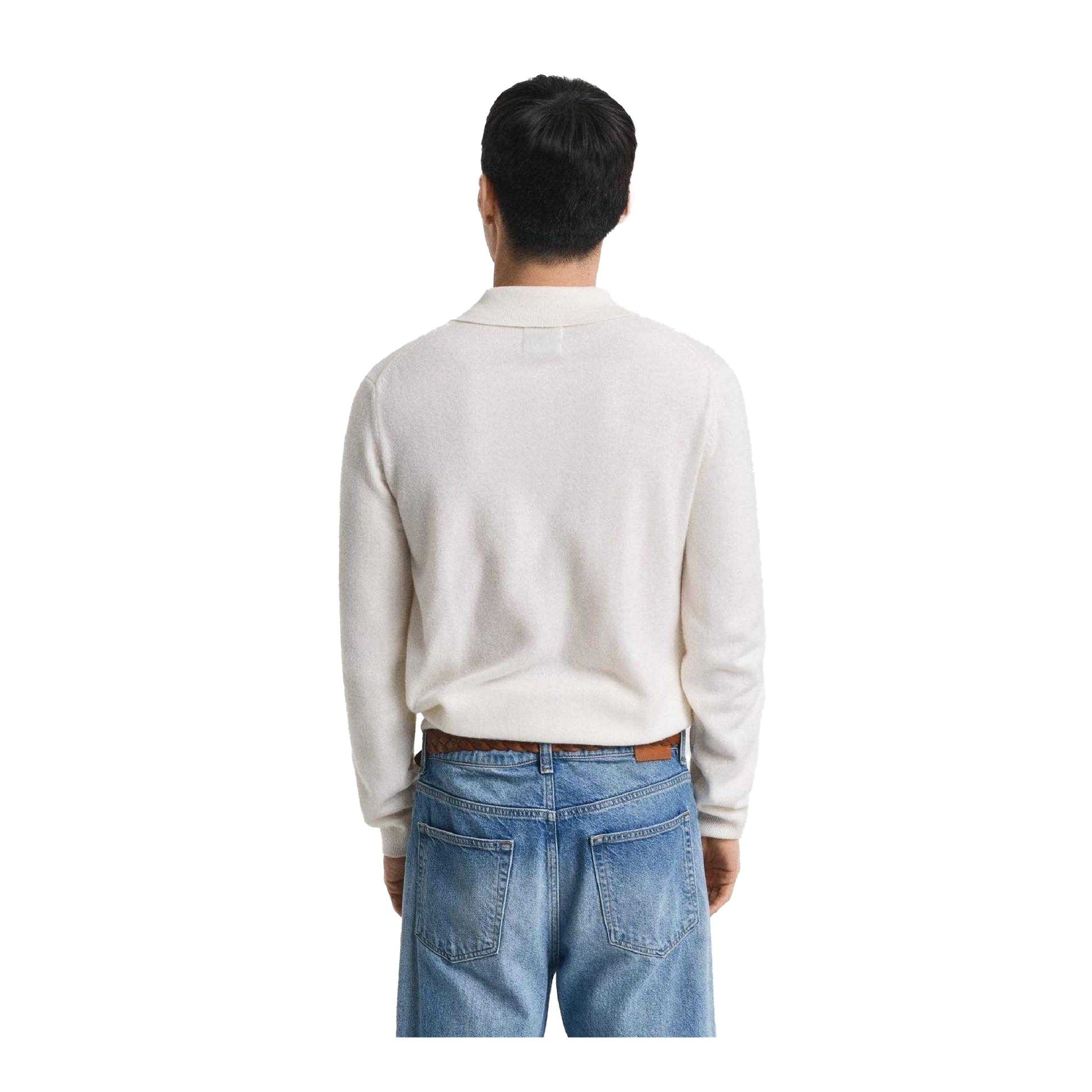 Cream - Back - Gant Mens Lambswool Long-Sleeved Polo Shirt