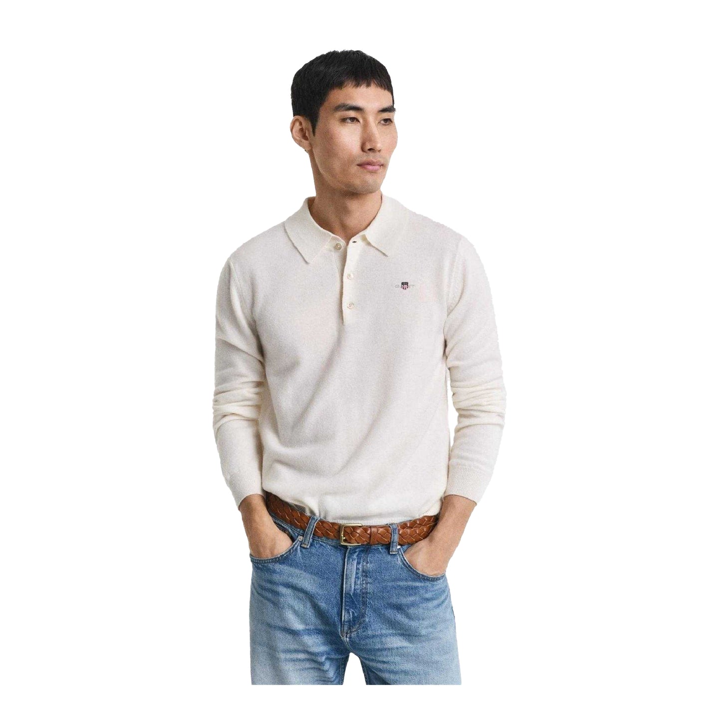 Cream - Front - Gant Mens Lambswool Long-Sleeved Polo Shirt