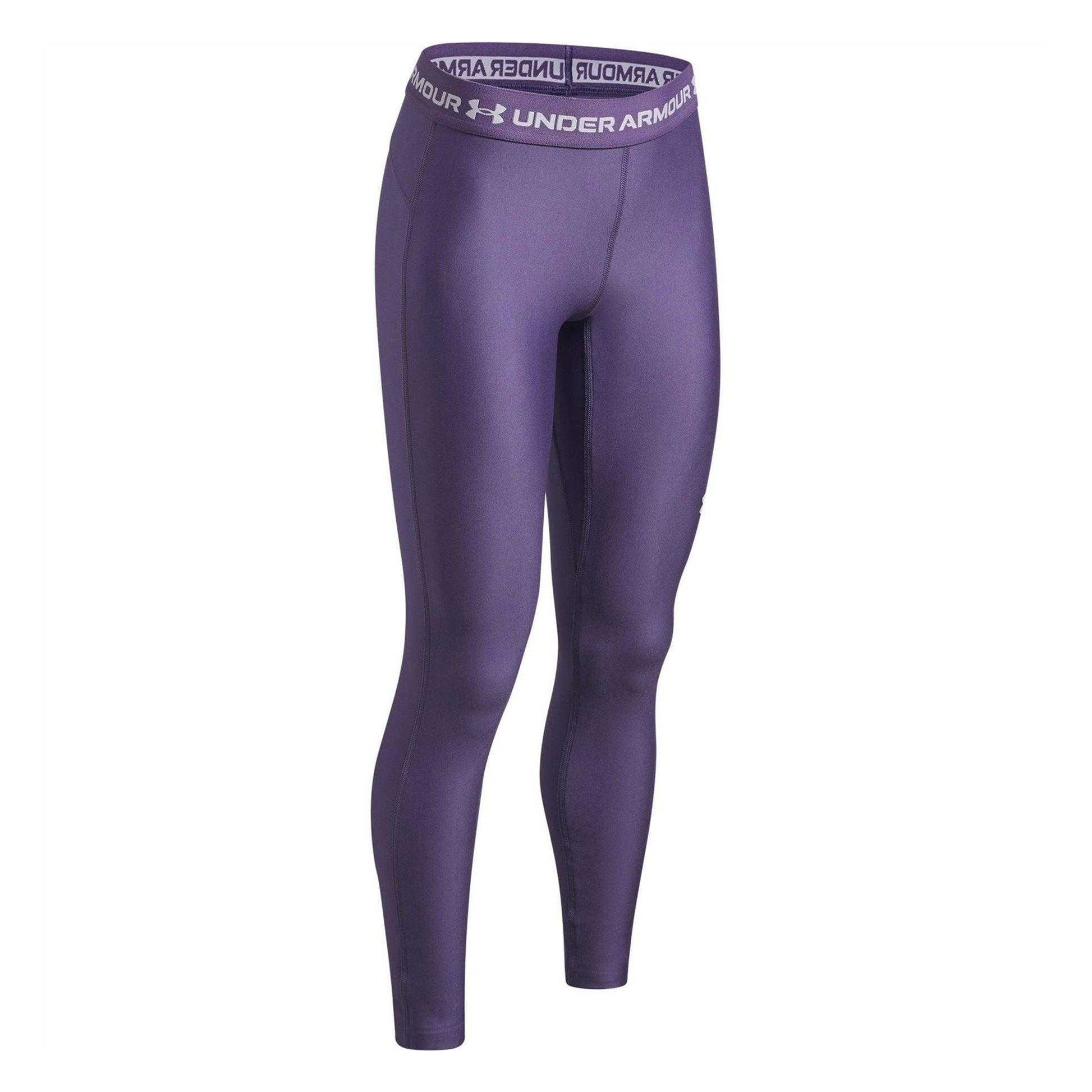 Purple-White - Side - Under Armour Girls Fitted Training Leggings
