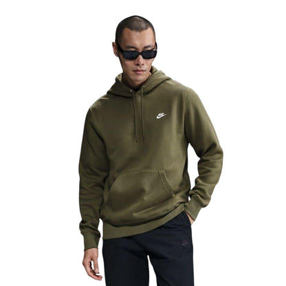 Olive-White - Front - Nike Mens Club Fleece Pullover Hoodie