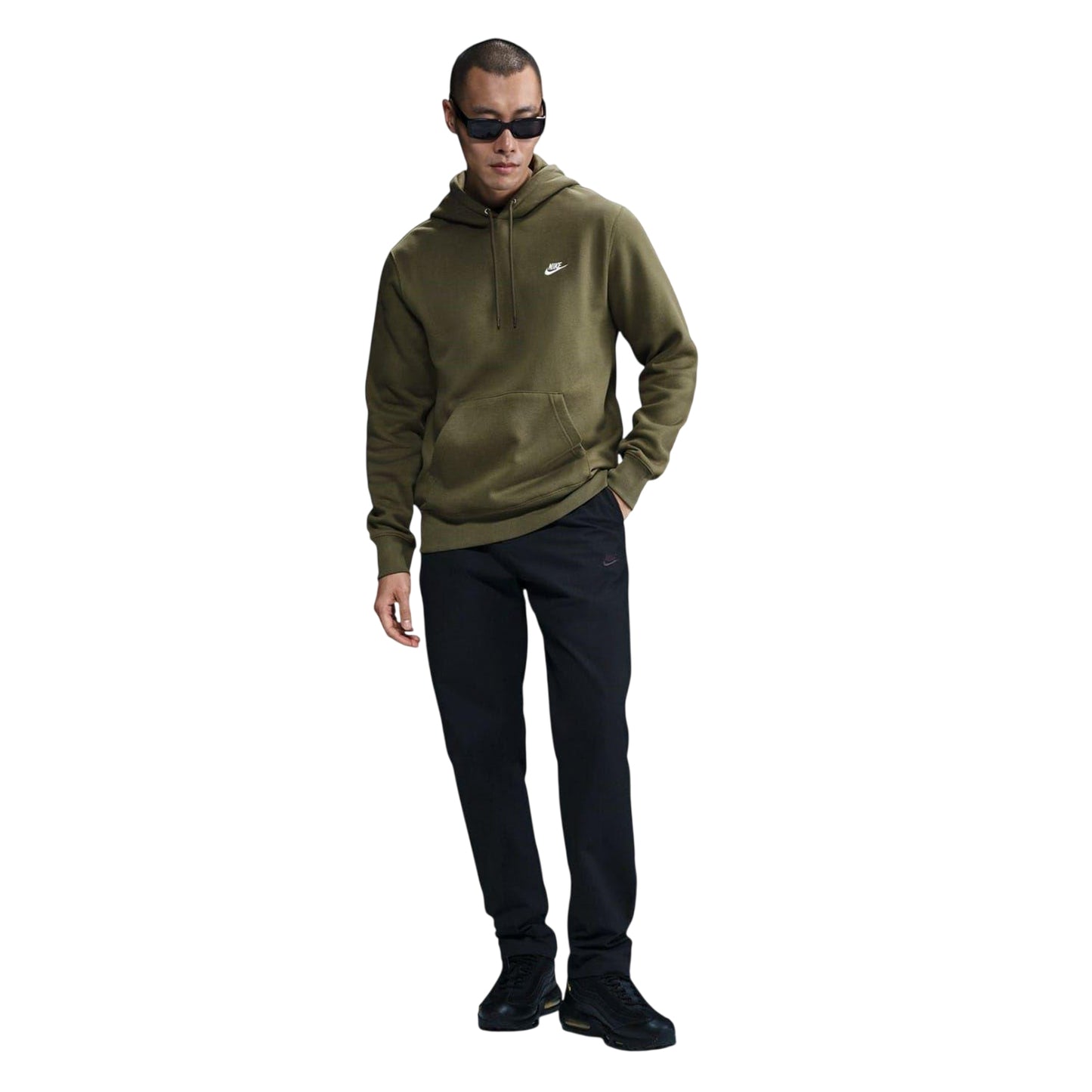 Olive-White - Side - Nike Mens Club Fleece Pullover Hoodie