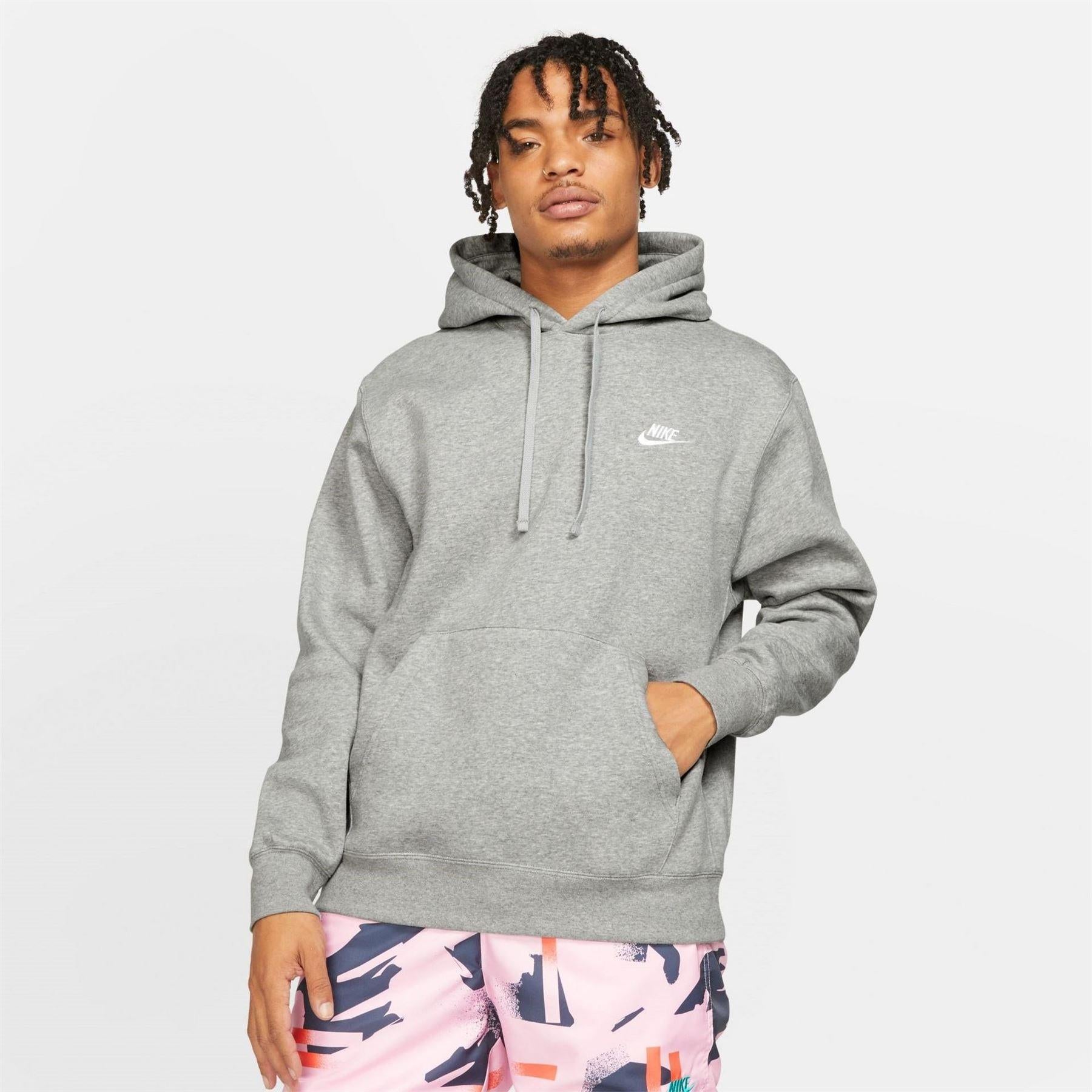 Grey - Side - Nike Mens Club Fleece Pullover Hoodie