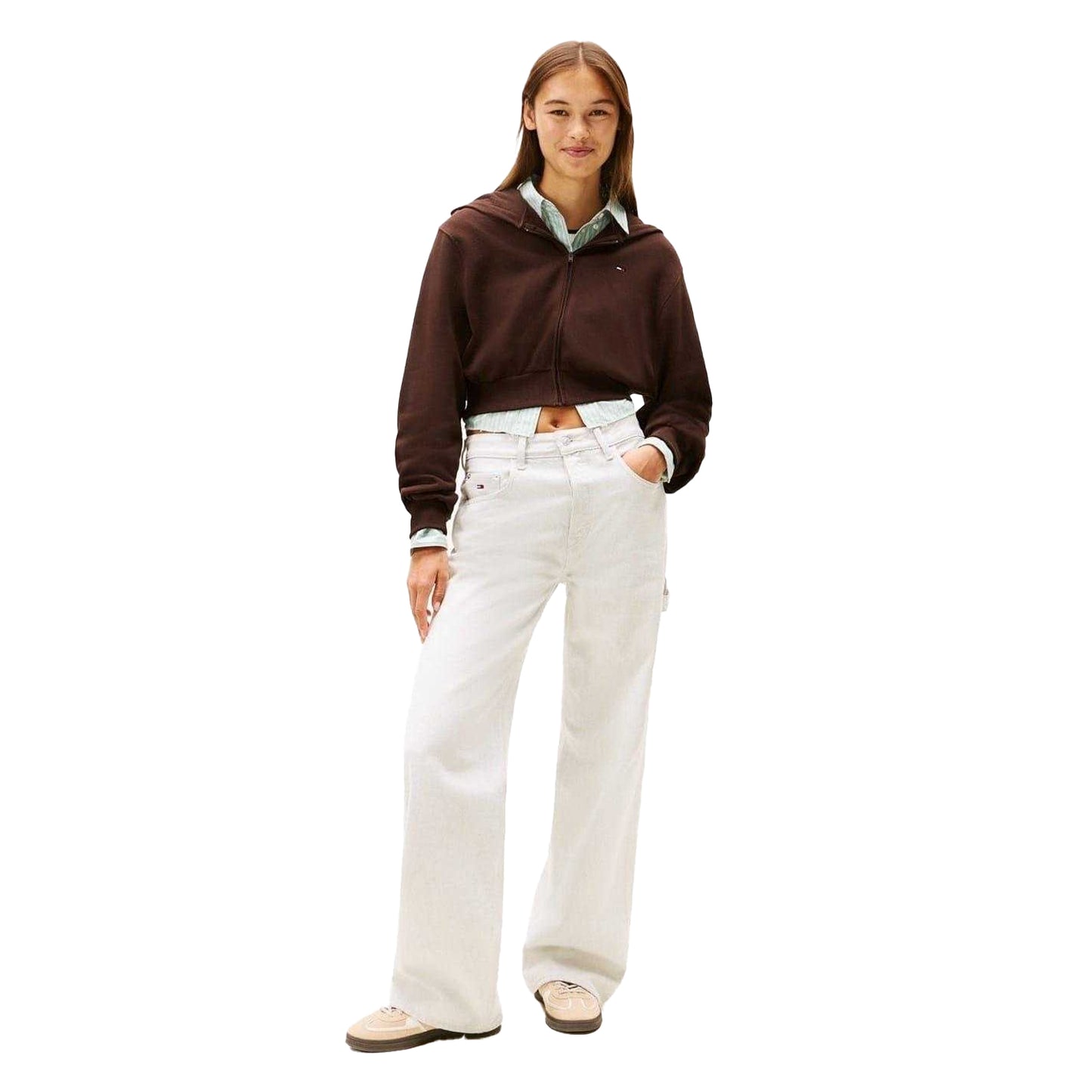 Brown - Pack Shot - Tommy Jeans Womens-Ladies Crop Hoodie