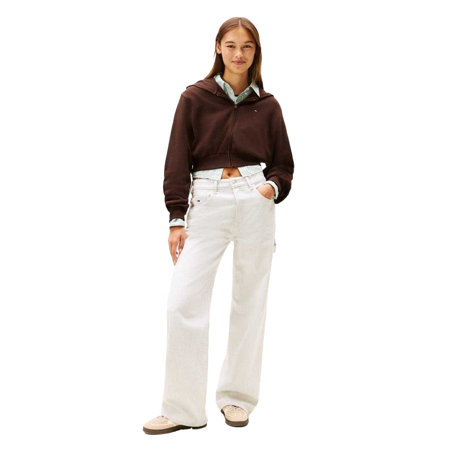 Brown - Pack Shot - Tommy Jeans Womens-Ladies Crop Hoodie