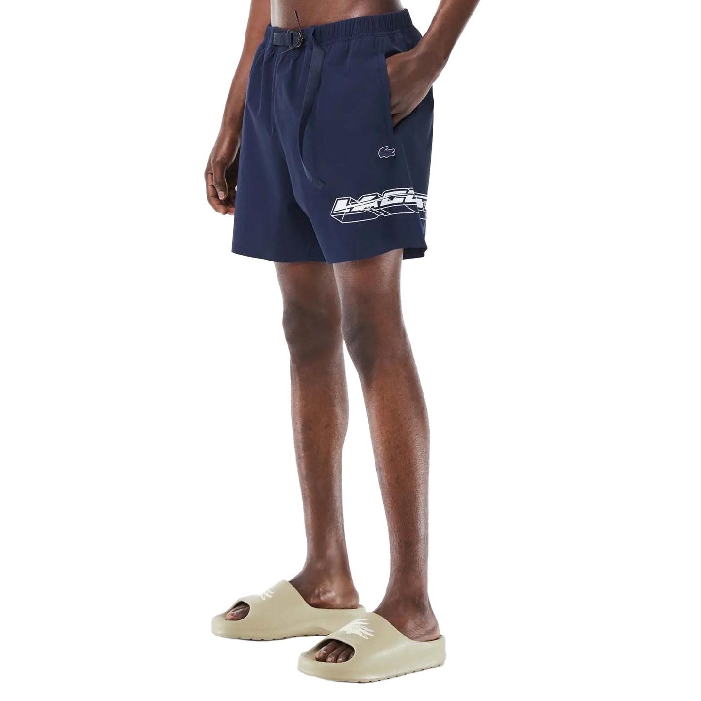 Blue - Side - Lacoste Mens Stripe Quick Dry Logo Swimming Trunks