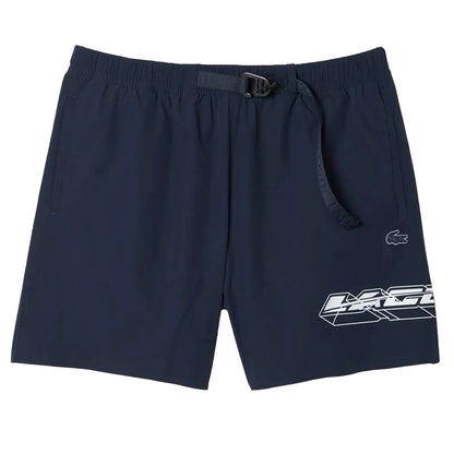 Blue - Front - Lacoste Mens Stripe Quick Dry Logo Swimming Trunks