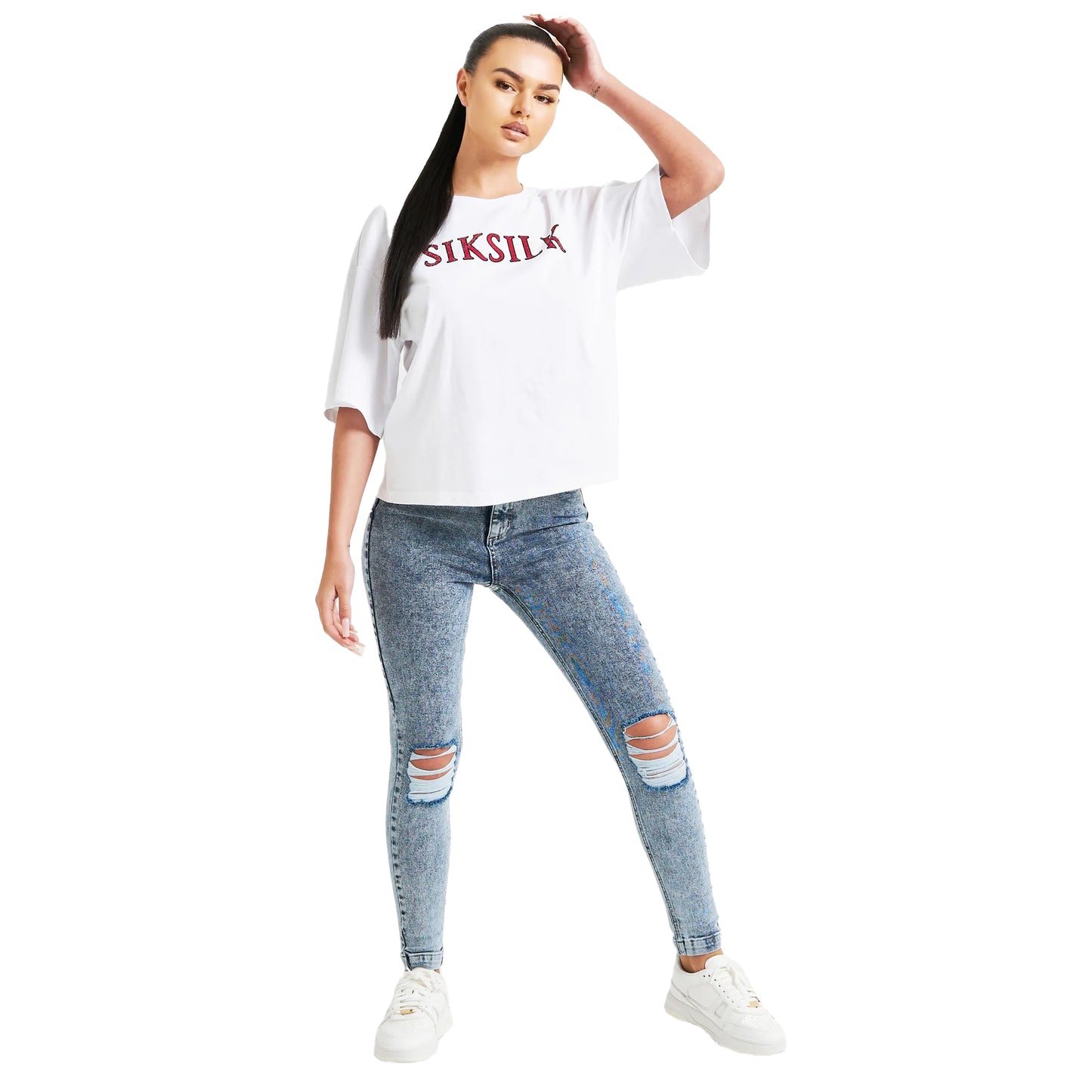 White - Side - SikSilk Womens-Ladies Sparkle Boxy Crop T-Shirt