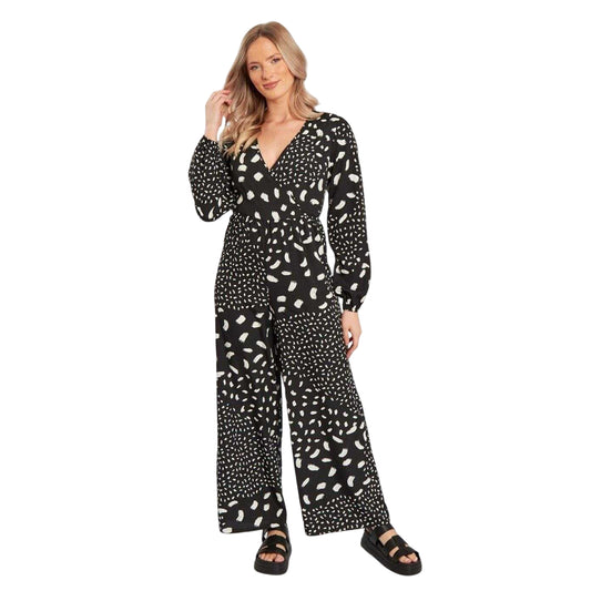Black-White - Front - Influence Womens-Ladies Relaxed Fit Long-Sleeved Jumpsuit