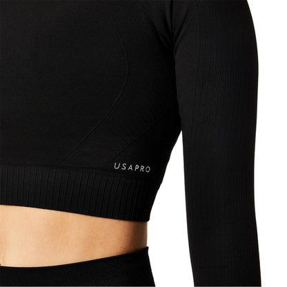 Black - Side - USA Pro Womens-Ladies Seamless Long-Sleeved Crop Top