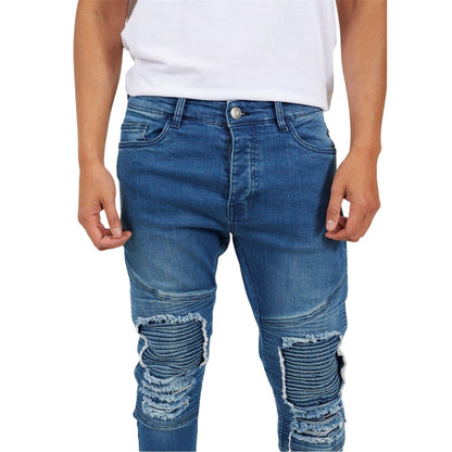 Blue - Side - Brave Soul Mens Denim Biker Skinny Jeans