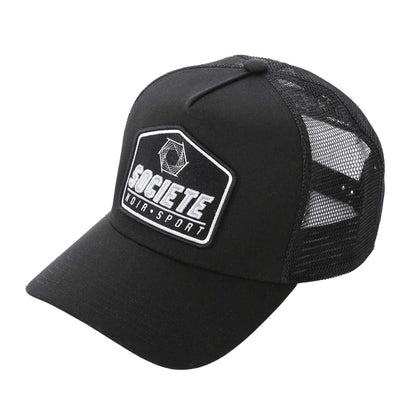 Black-Grey - Front - Societe Noir Plate Logo Curved Peak Sport Trucker Cap