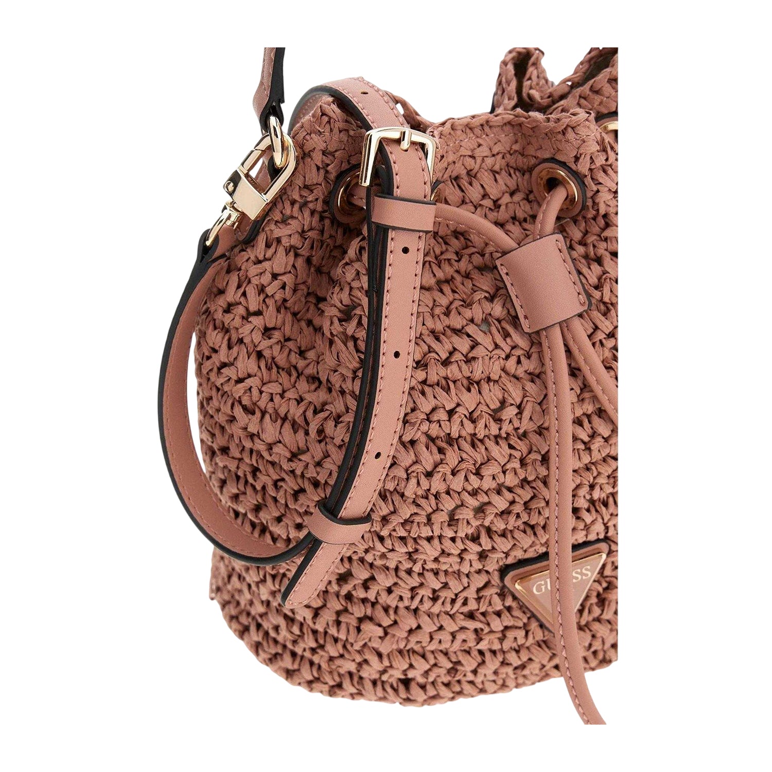 Pink - Side - Guess Ofelia Paperstraw Summer Bucket Bag