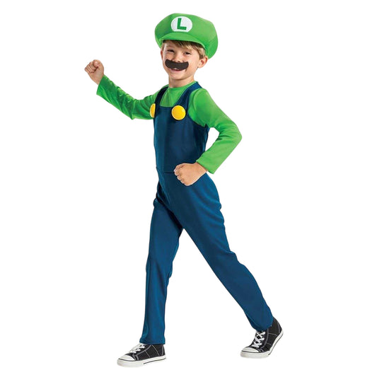 Green-Blue - Front - Super Mario Bros Childrens-Kids Luigi Costume