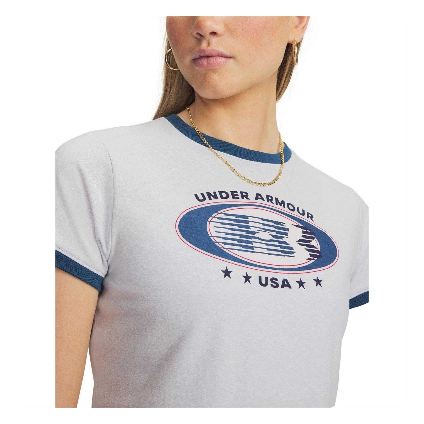 Grey-Blue - Side - Under Armour Womens-Ladies Ringer T-Shirt