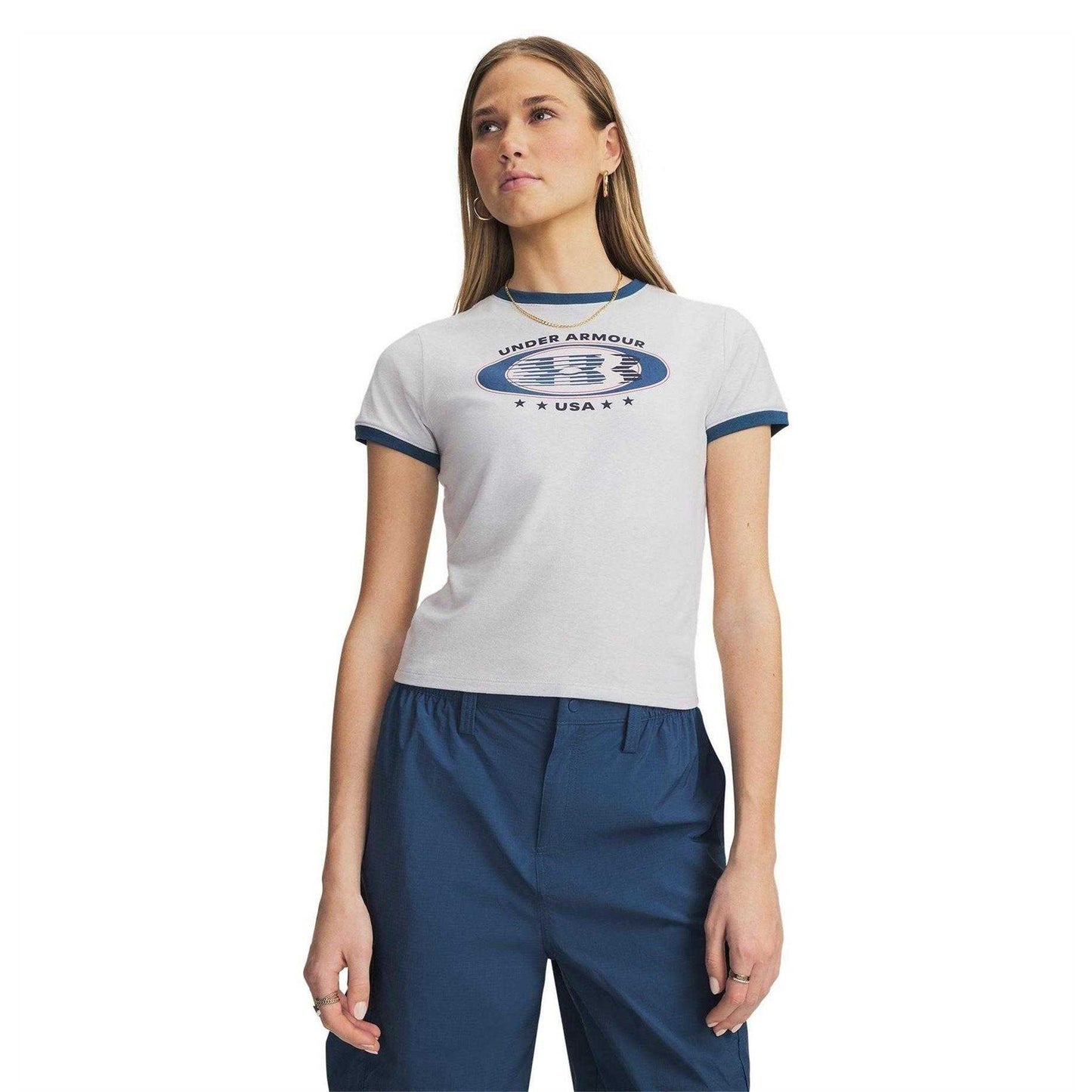 Grey-Blue - Front - Under Armour Womens-Ladies Ringer T-Shirt