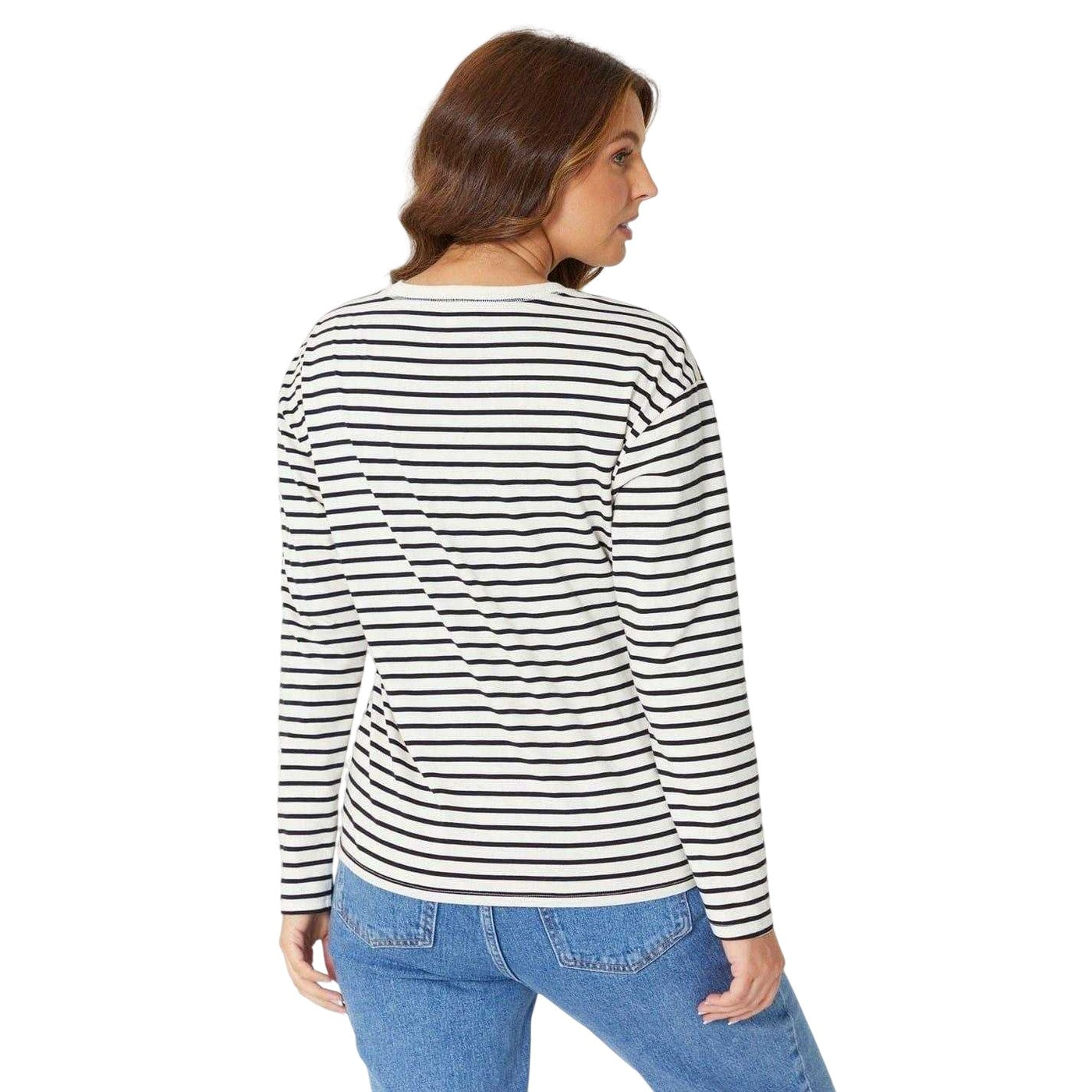 Cream-Black - Back - Be You Womens-Ladies Stripe Long-Sleeved T-Shirt
