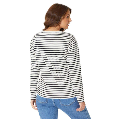 Cream-Black - Back - Be You Womens-Ladies Stripe Long-Sleeved T-Shirt