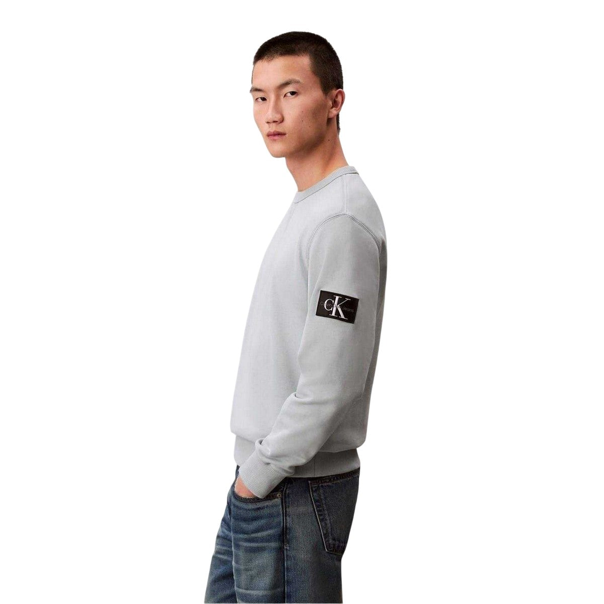 Overcast Grey - Side - Calvin Klein Mens Badge Crew Neck Sweatshirt
