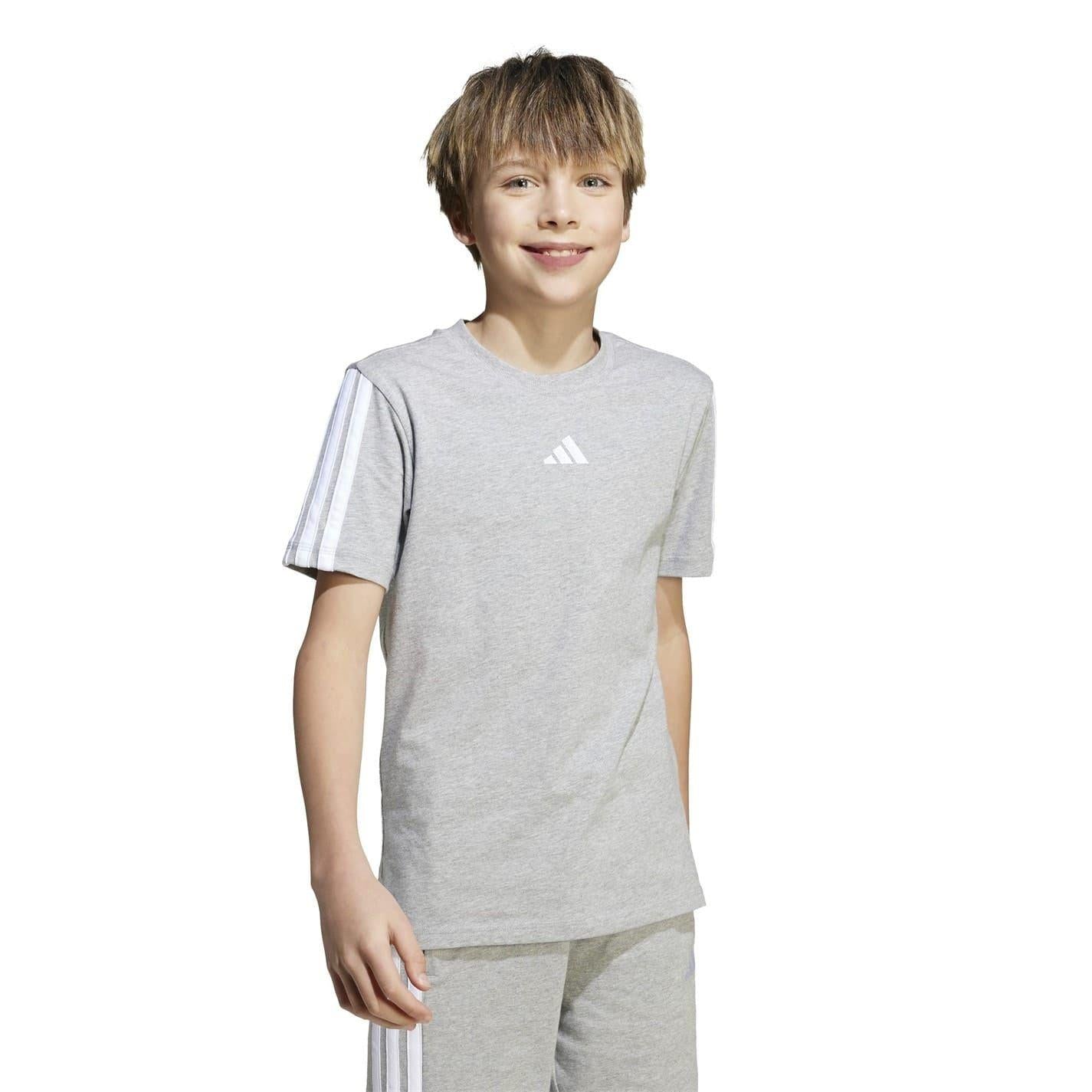 Grey-White - Side - Adidas Childrens-Kids Essentials 3 Stripes T-Shirt