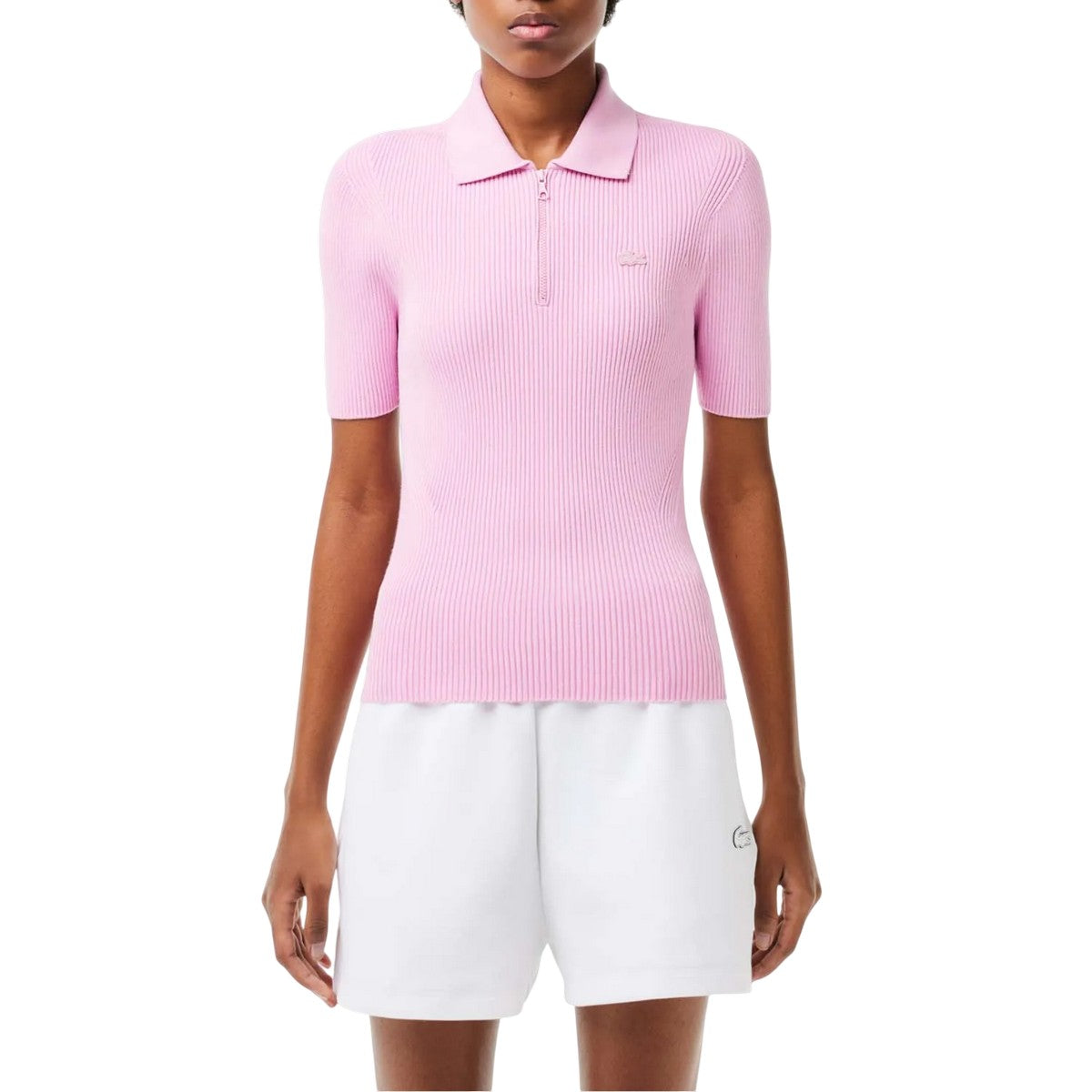 Pink - Lifestyle - Lacoste Womens-Ladies Rib Knit Zip Neck Polo Shirt