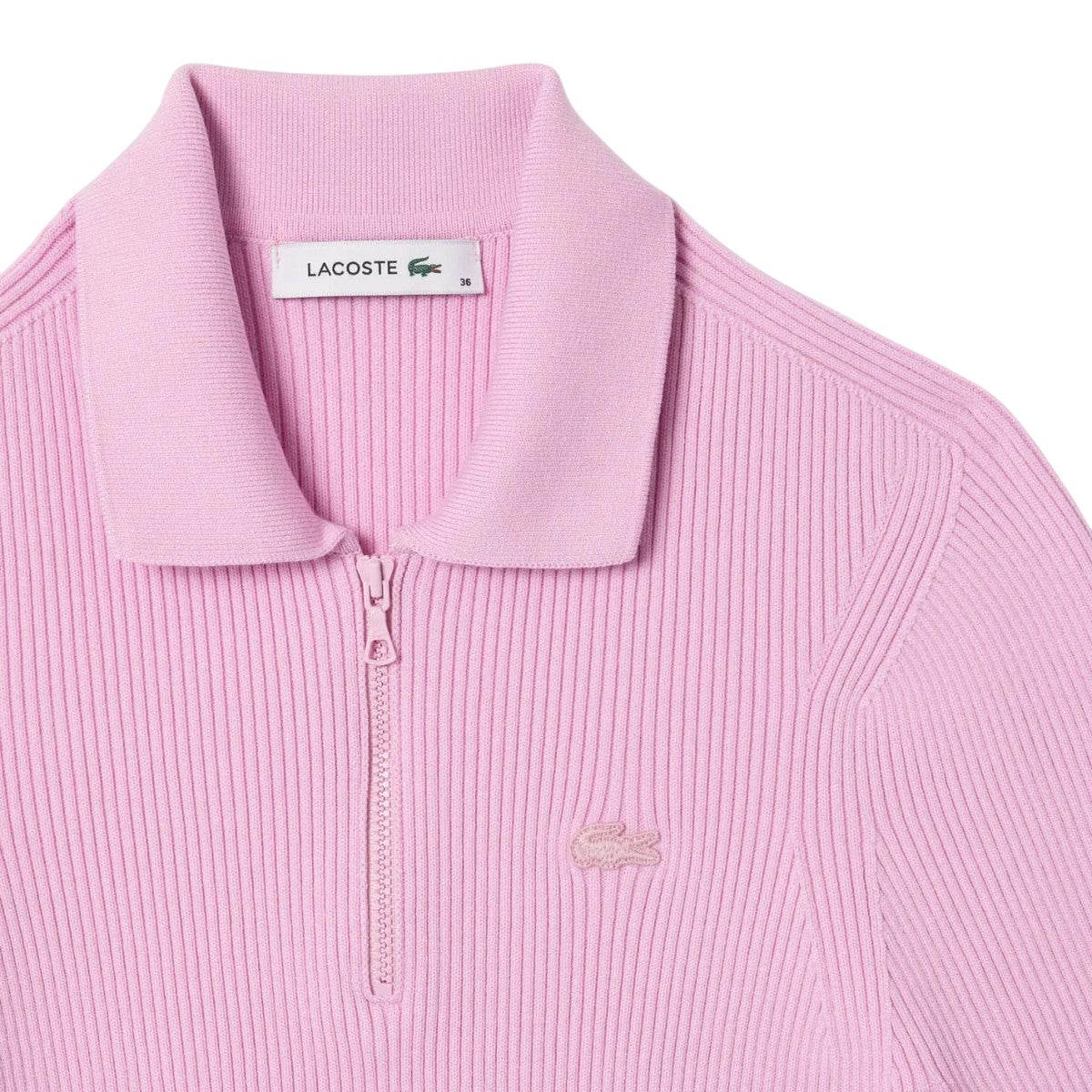 Pink - Side - Lacoste Womens-Ladies Rib Knit Zip Neck Polo Shirt